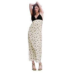 Zara Cream Floral Satin Printed and Black Crochet Knit Midi Length Dress boho